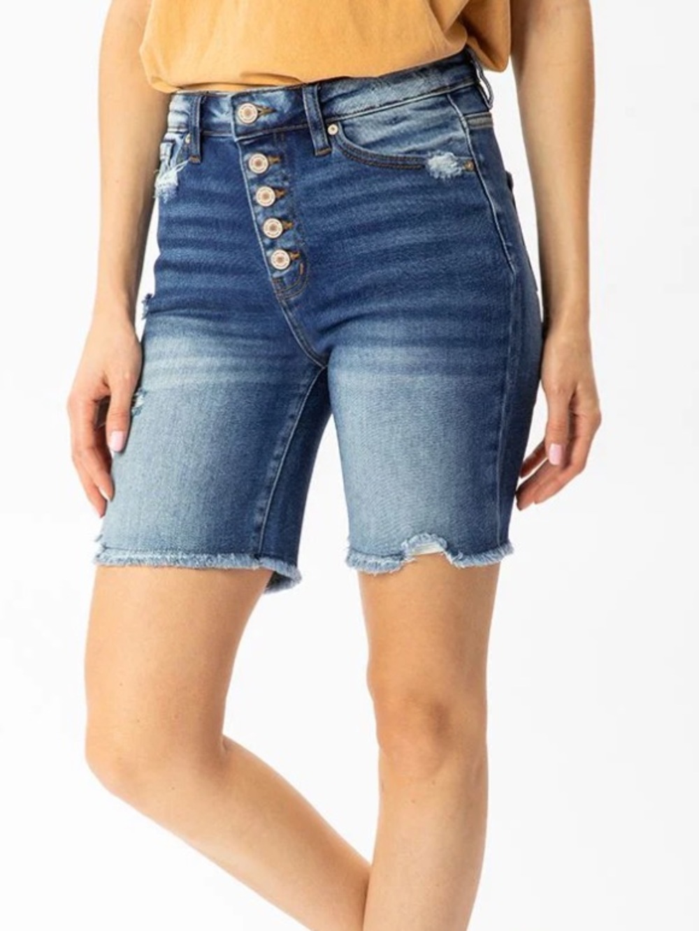 Kancan blue denim high rise bermuda shorts button fly size medium